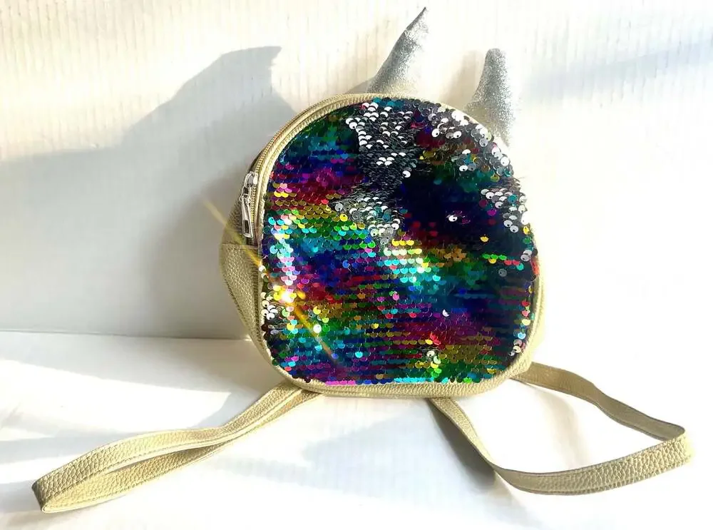 Girls Mini Unicorn Backpack with Rainbow Flip Sequins and Glitter Horns